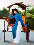 The ao dai (Vietnamese: áo dài) is a Vietnamese national costume, now most commonly for women. In its current form, it is a tight-fitting silk tunic worn over pantaloons. The word is pronounced ow-zye in the north and ow-yai in the south, and translates as 'long dress'.<br/><br/>

The name áo dài was originally applied to the dress worn at the court of the Nguyễn Lords at Huế in the 18th century. This outfit evolved into the áo ngũ thân, a five-paneled aristocratic gown worn in the 19th and early 20th centuries. Inspired by Paris fashions, Nguyễn Cát Tường and other artists associated with Hanoi University redesigned the ngũ thân as a modern dress in the 1920s and 1930s.<br/><br/>

The updated look was promoted by the artists and magazines of Tự Lực văn đoàn (Self-Reliant Literary Group) as a national costume for the modern era. In the 1950s, Saigon designers tightened the fit to produce the version worn by Vietnamese women today. The dress was extremely popular in South Vietnam in the 1960s and early 1970s, frowned upon as frivolous and borgeois in the North between 1952 and 1986, but is today increasingly popular nationwide, having become once again a symbol of Vietnamese nationalism and Vietnamese female beauty.