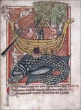 Miniature of a whale and a sailing boat, from a Bestiary, England, 13th century, British Library, Harley MS 4751, fol.  69r.